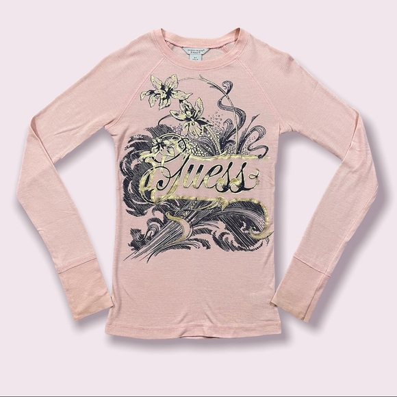 Guess Tops - GUESS Vintage Y2K Light Baby Pink Gold Floral Fitted Graphic Long Sleeve Top